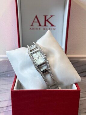 Vintage Anne Klein Women's Cuff Watch Silver-Tone With Swarovski Crystal Accent